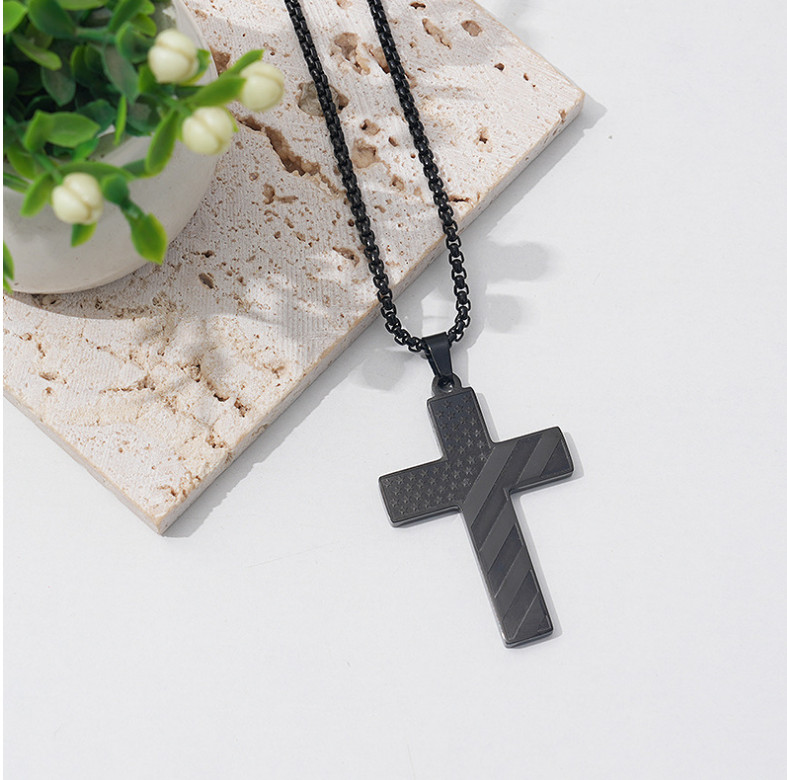 316L Stainless Steel Silver Black Patriotic American Flag Cross Pendant Necklace