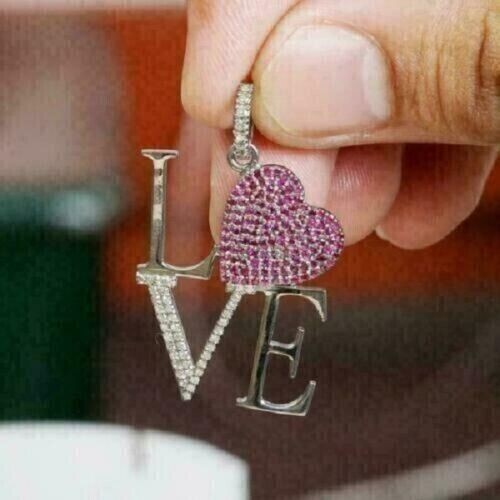 Round Cut Simulated Pink Ruby Women’s “LOVE” Fancy Pendant 14k White Gold Plated