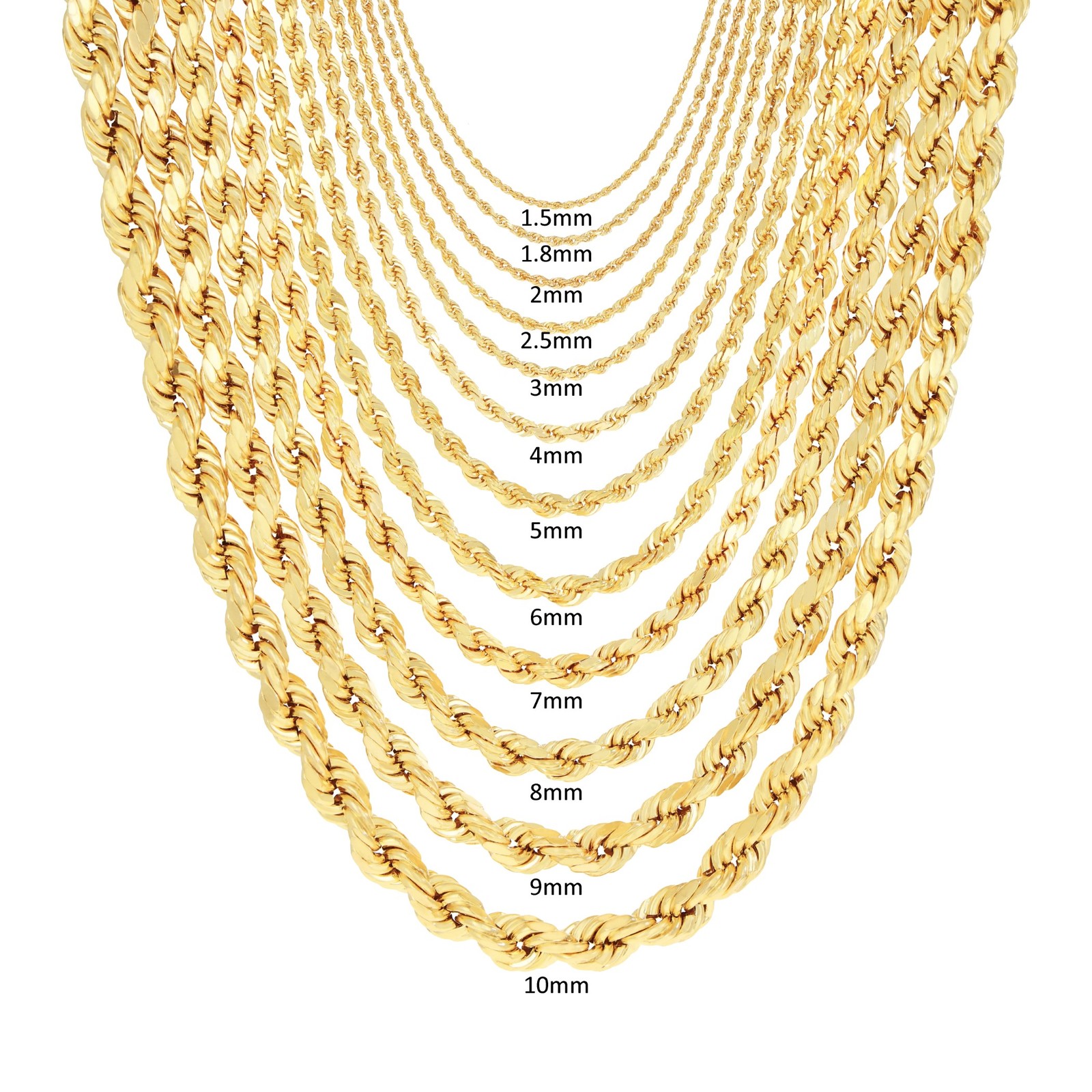 10K Yellow Gold 2mm-7mm Diamond Cut Rope Chain Necklace Men Womens 16″- 30″