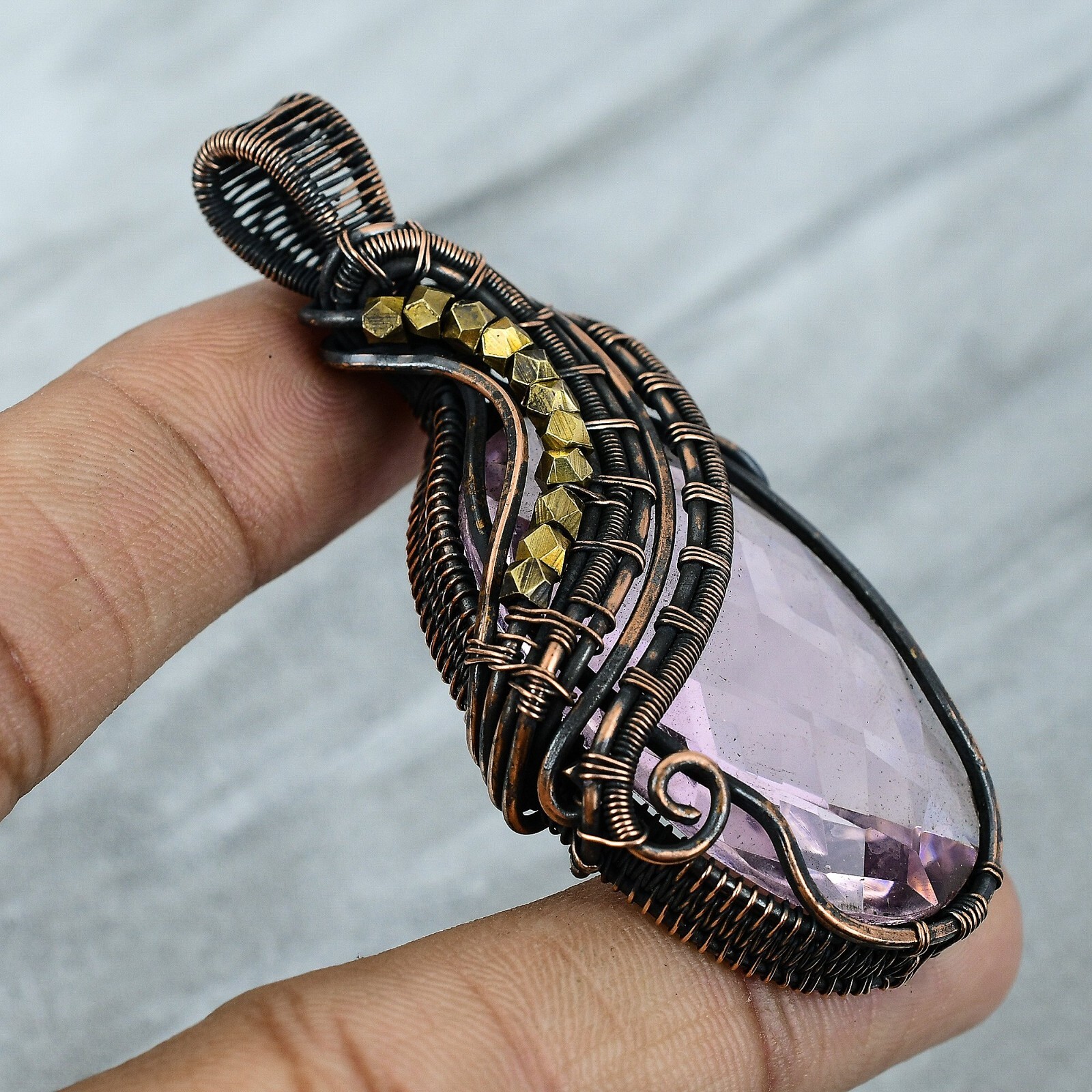 Wedding Gift For Her Copper Pink Kunzite Jewelry Wire Wrapped Pendant 2.87″