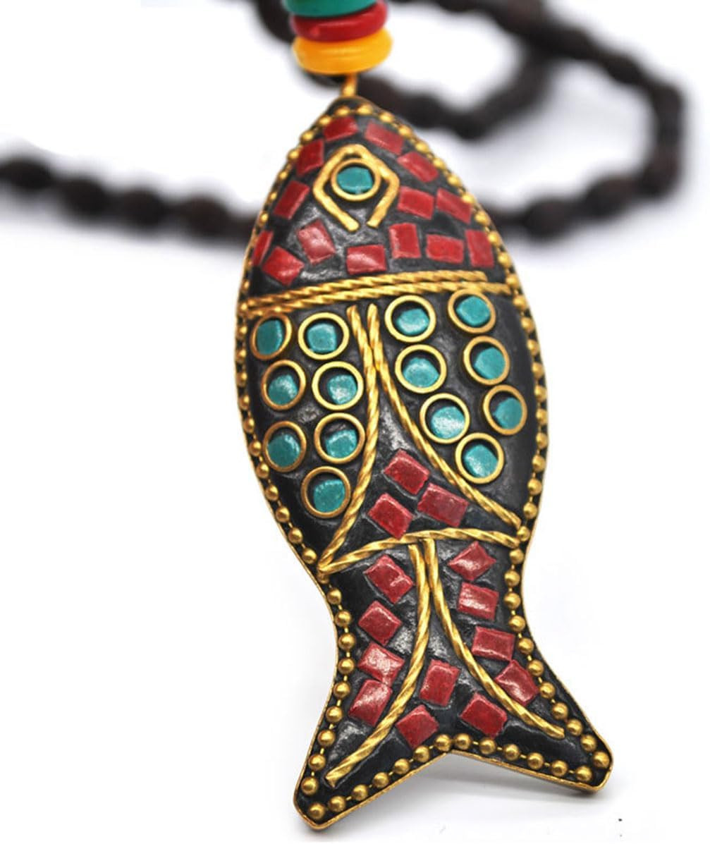 Vintage Long Necklace Handmade Turquoise Wood Beads Necklace for Women Fashion J