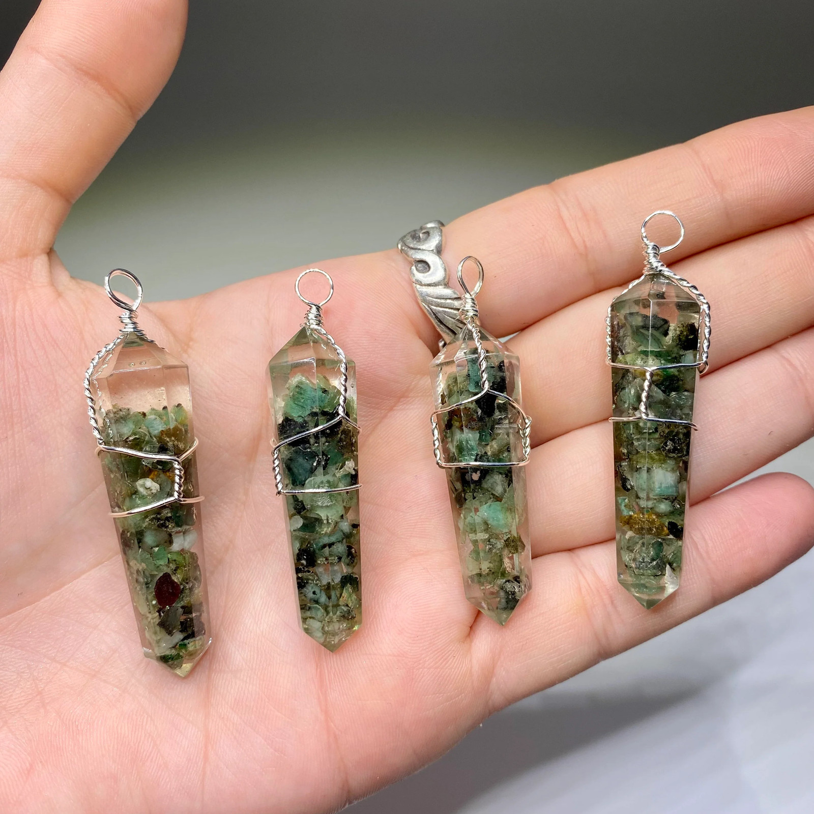 Emerald in Orgonite Wire Wrapped Pendant Necklace