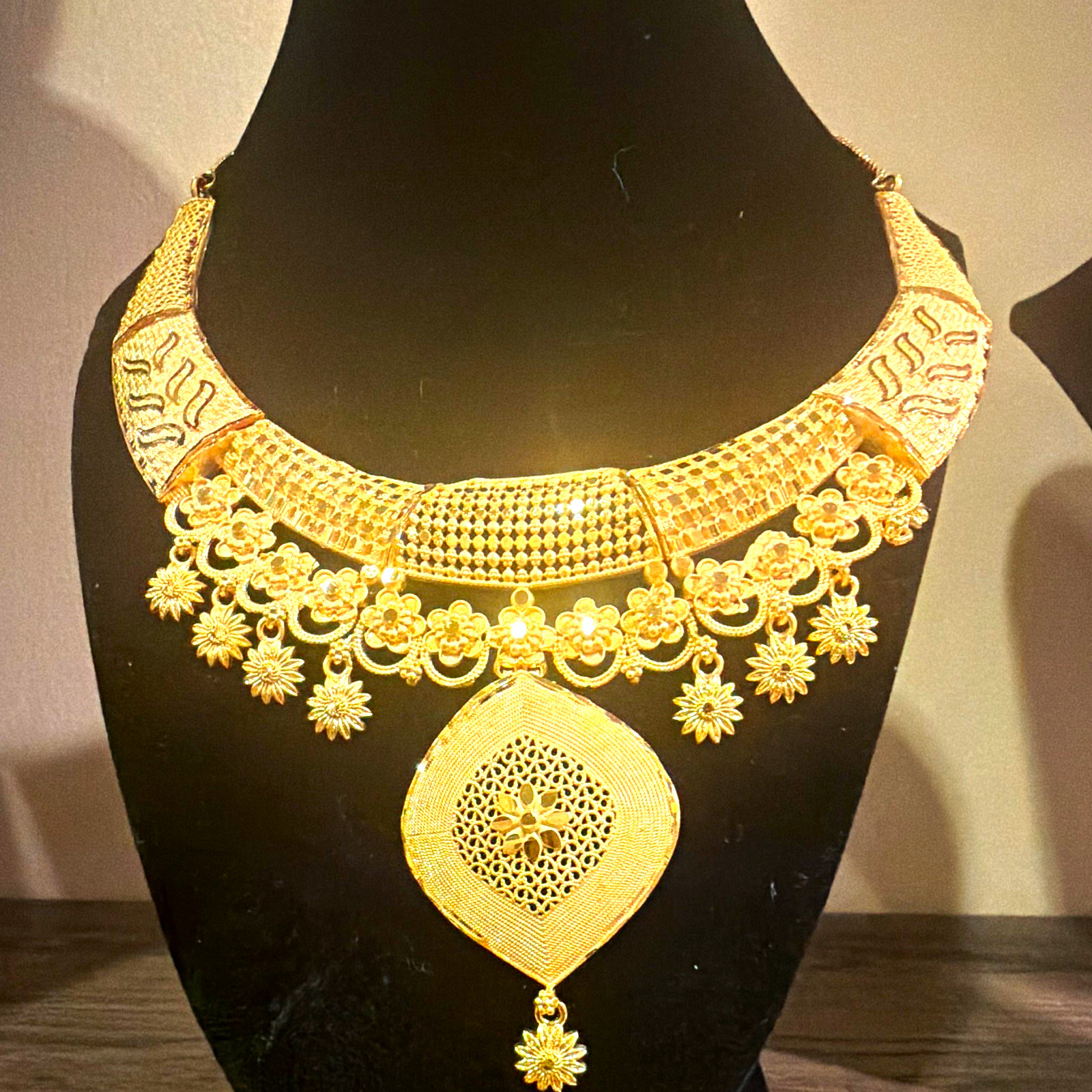 Gold Tone Metal Statement Bib Necklace, Asymmetrical Charm Pendant, Adjustable