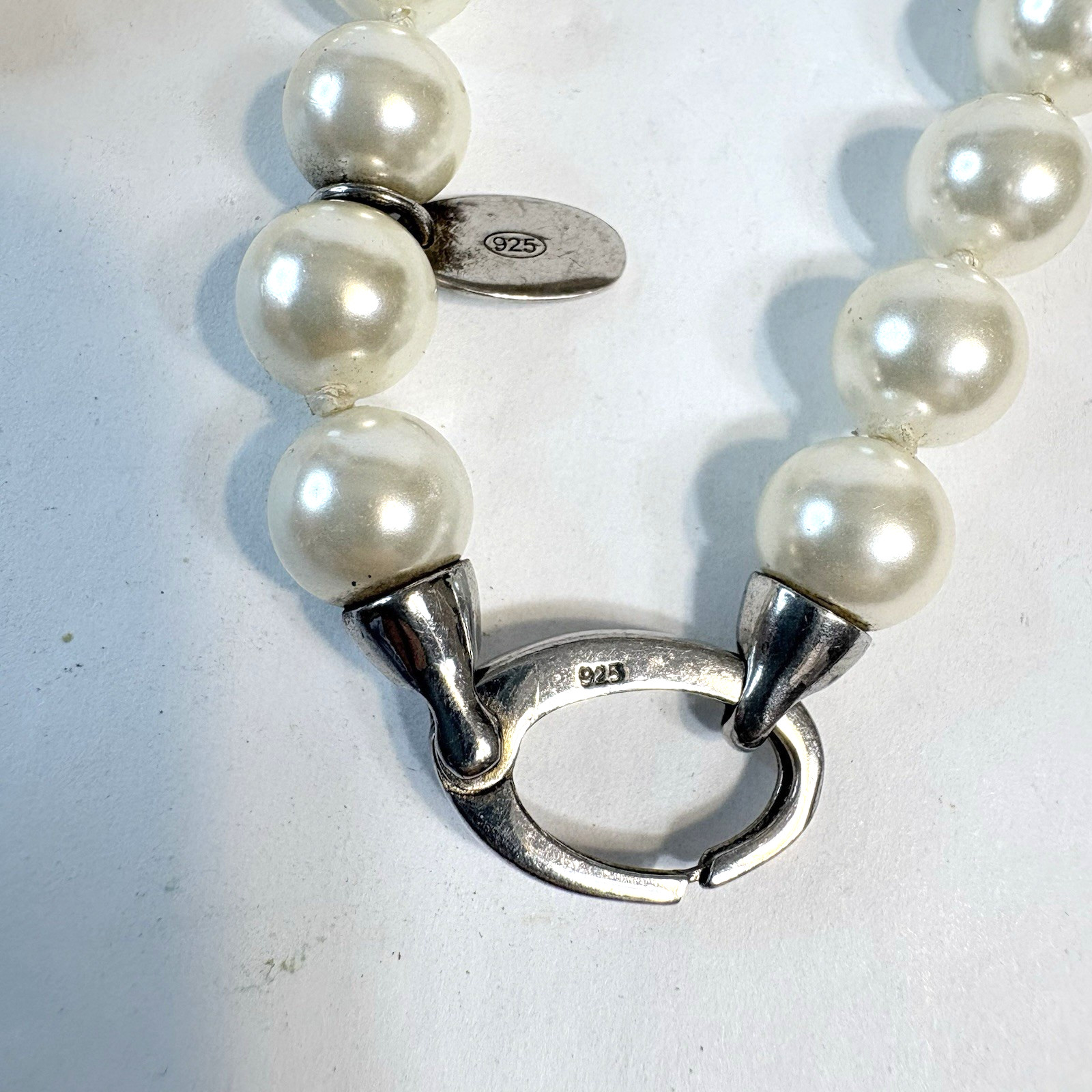 46″ Glass Faux Pearl Necklace Rope 925 Sterling Clasp Agua Marina Hand Knotted