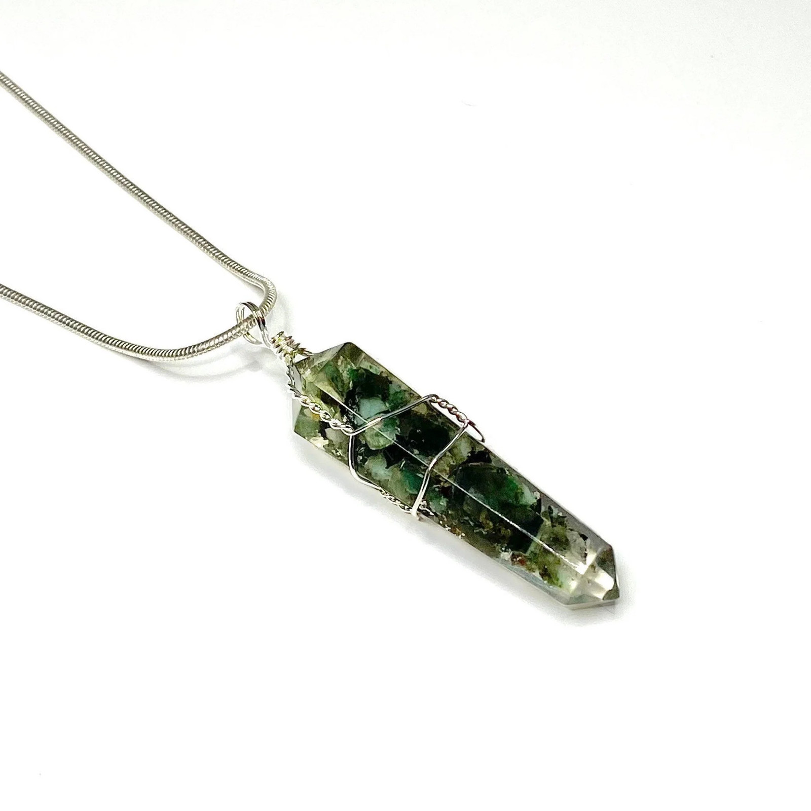 Emerald in Orgonite Wire Wrapped Pendant Necklace