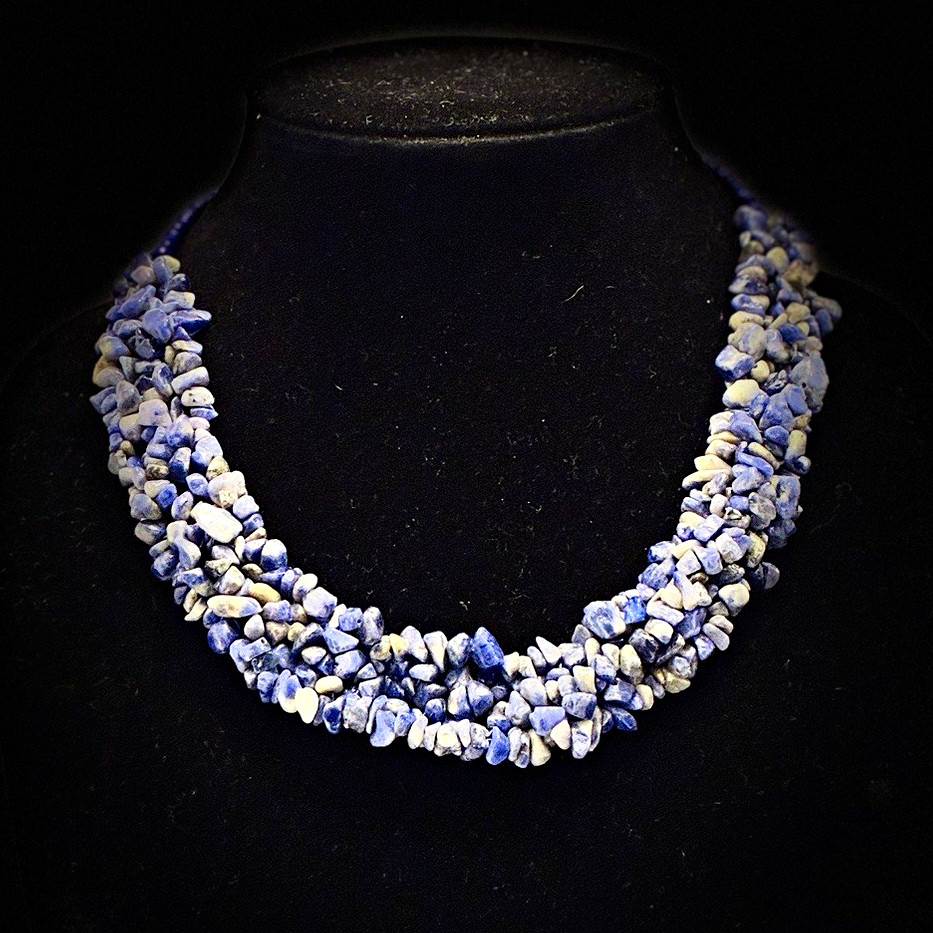 Vintage Multi Strand Sodalite Gemstone Chip Necklace Chunky Blue Statement Bib