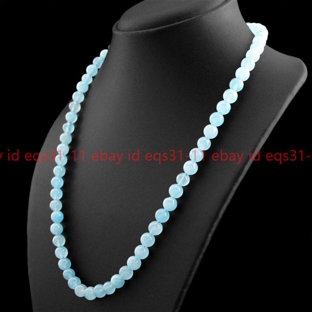 NATURAL 20 INCH LONG 8MM BLUE JADE CHALCEDONY ROUND GEMSTONE BEADS NECKLACE