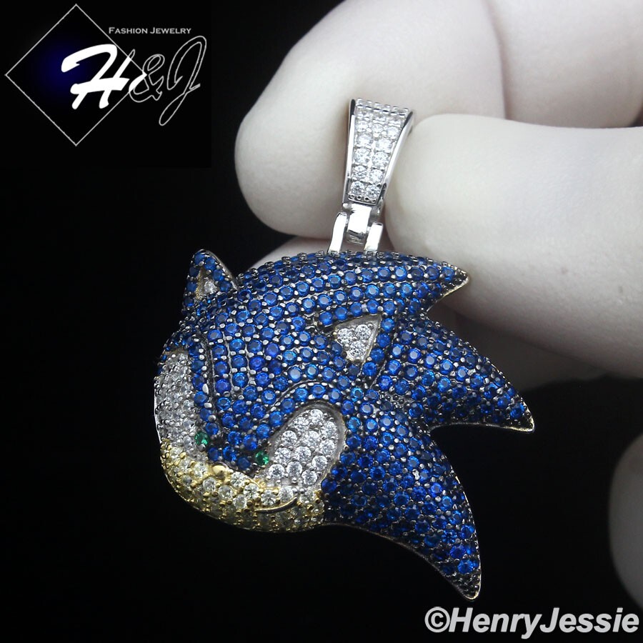 925 STERLING SILVER FULL ICY BLUE CZ HIPHOP 3D SONIC THE HEDGEHOG PENDANT*SBP515