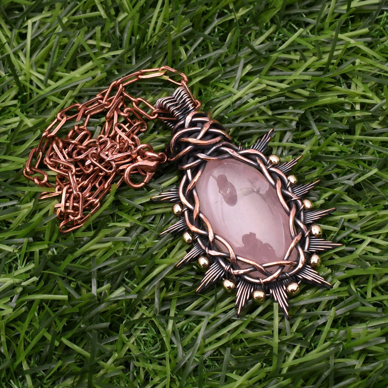 Natural Rose Quartz Gemstone Copper Wire Wrap Handmade Jewelry Pendant 2.28″