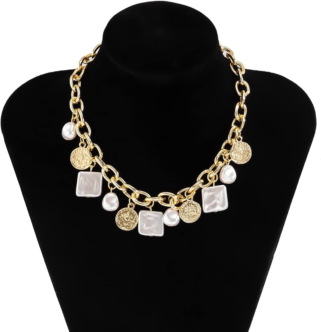 Punk Cuban Link Chain Choker Necklace with Irregular Pearl Coin Tassel Carved