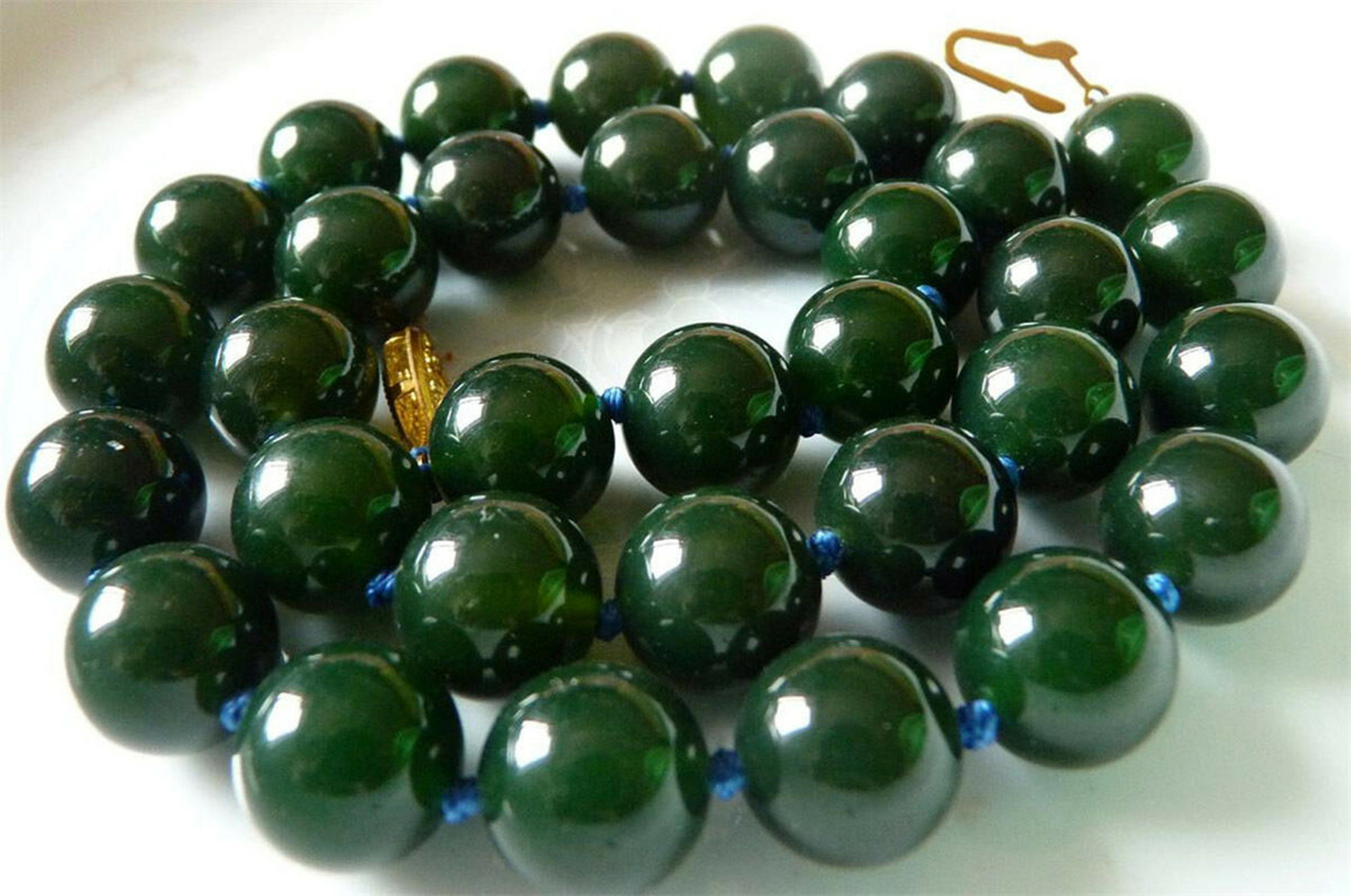 Natural Beautiful 12mm Dark Green Jade Gemstone Round Beads Necklace 18″ AAA