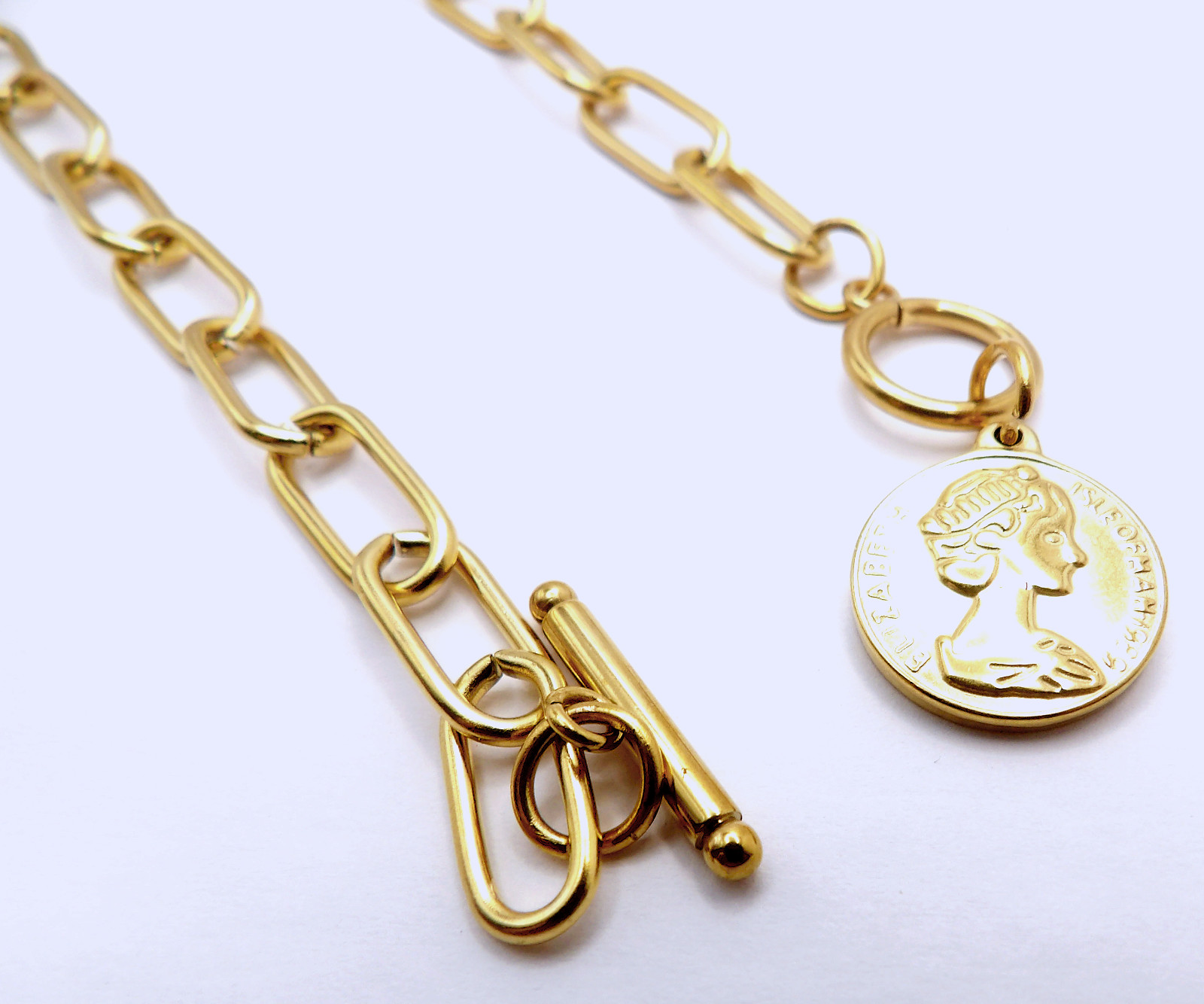 Layering Gold Paperclip Chain Necklace, Vintage Coin Pendant Toggle Choker Gift