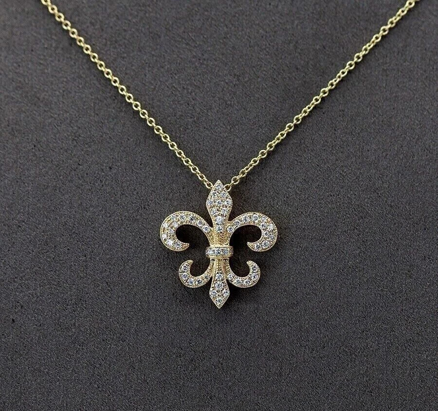 Women 1Ct Simulated Diamond Fleur-De-Lis Pendant Necklace 14K Yellow Gold Plated