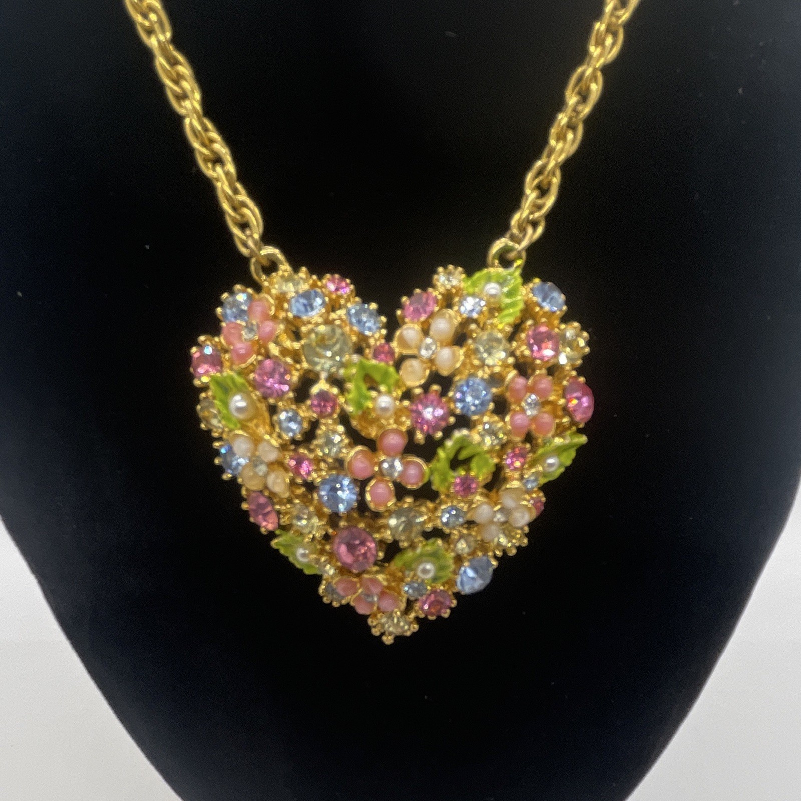Vintage Arthur Pepper ART Floral Heart Rhinestone Necklace Signed Gold Tone