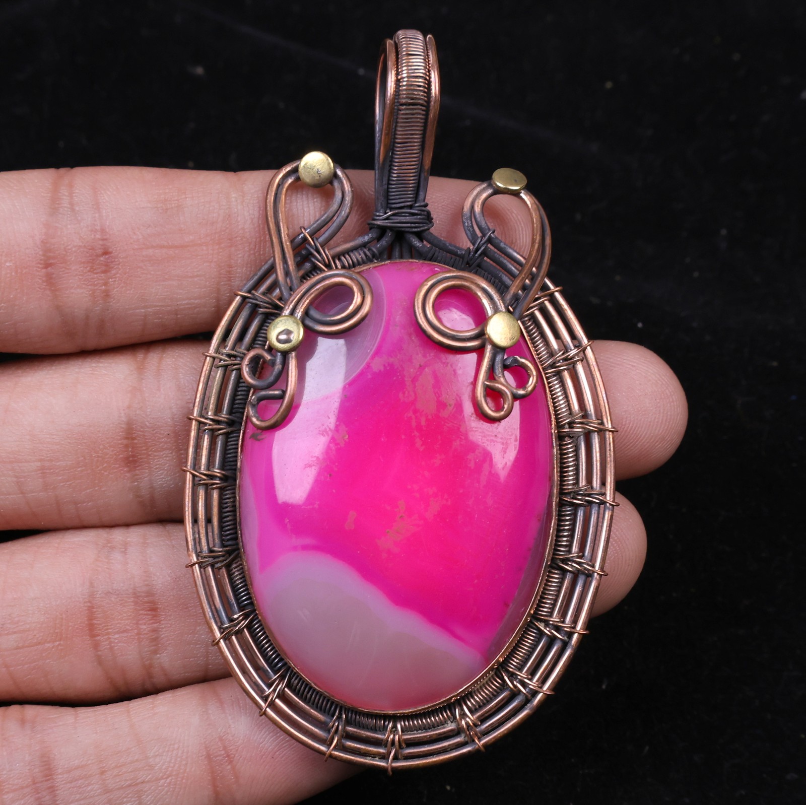 Pink Banded Agate Copper Wire Wrapped Pendant Gemstone Jewelry 7.3’cm