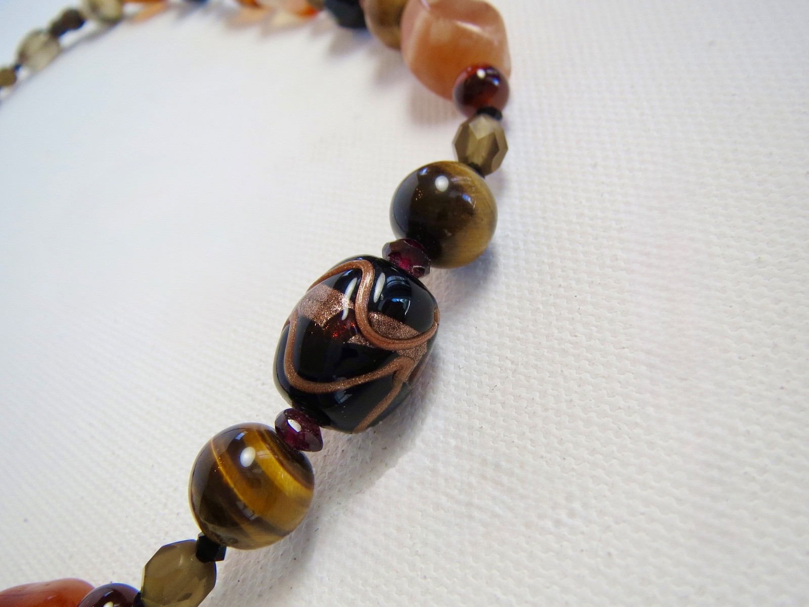 Artisan Created Art Glass Bead, Tiger’s Eye Mixed Materials 16/ 18″ Adj NECKLACE