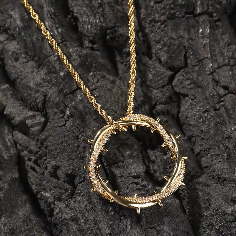 Gold Jesus Crown of Thorns Pendant Necklace Christian Faith Cross Chain Charm