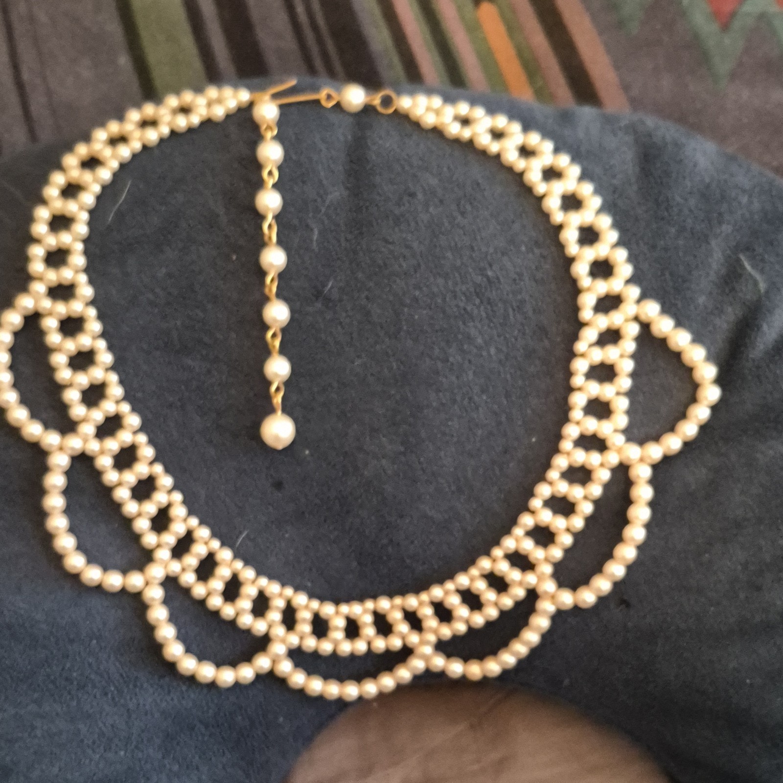 Double Strand White Faux Pearl Beaded Collar Necklace, Drape, Adjustable Hook