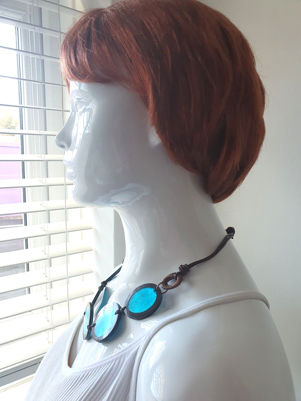 Artisan Studio Blue Dyed Shell Acrylic Disc Round None Metal Statement Necklace