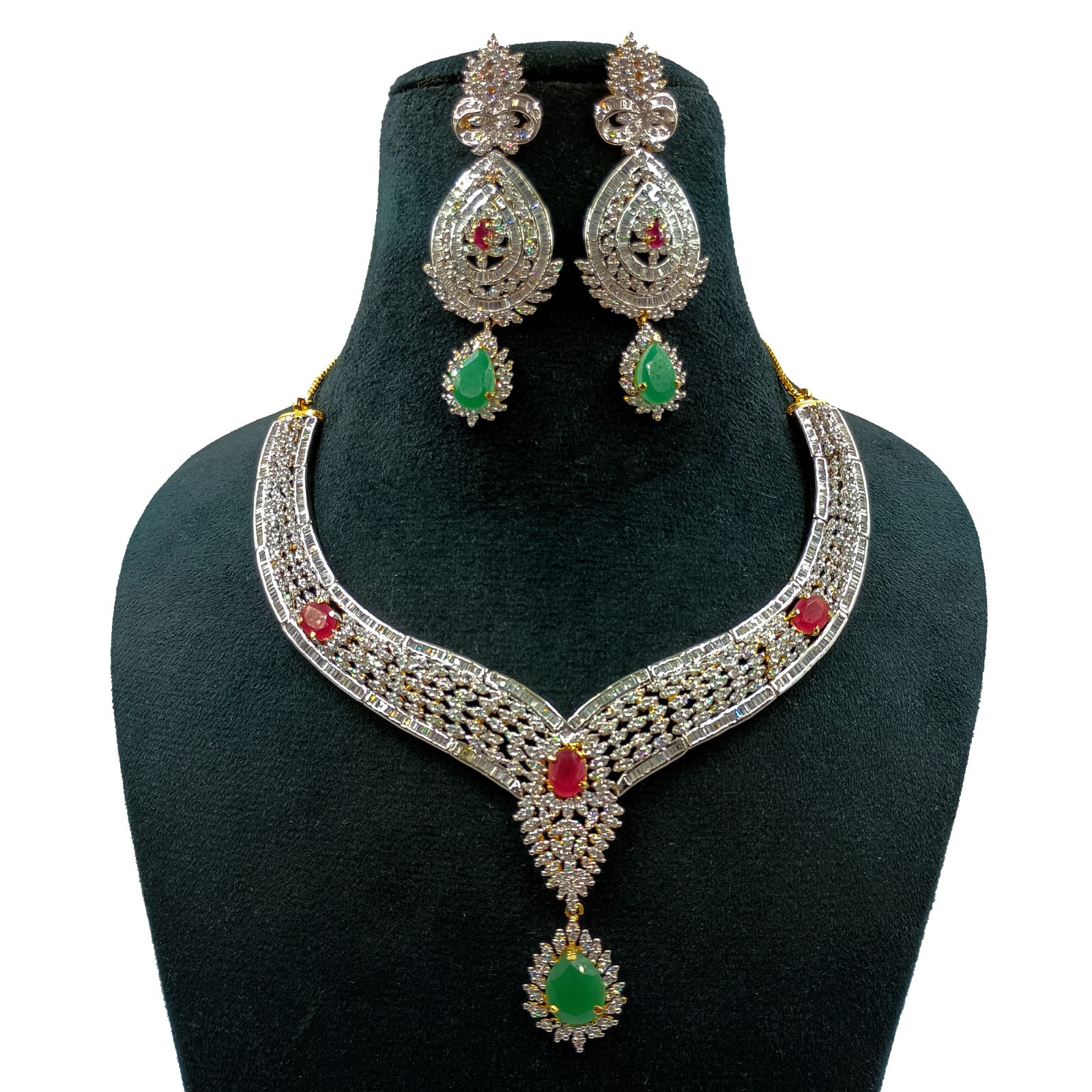Traditional Emerald Ruby CZ Diamond Choker Necklace Set 22k Gold Plated