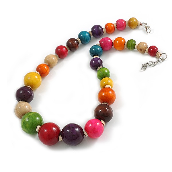 Multicoloured Graduated Wood Bead Necklace – 48cm L/ 4cm Ext