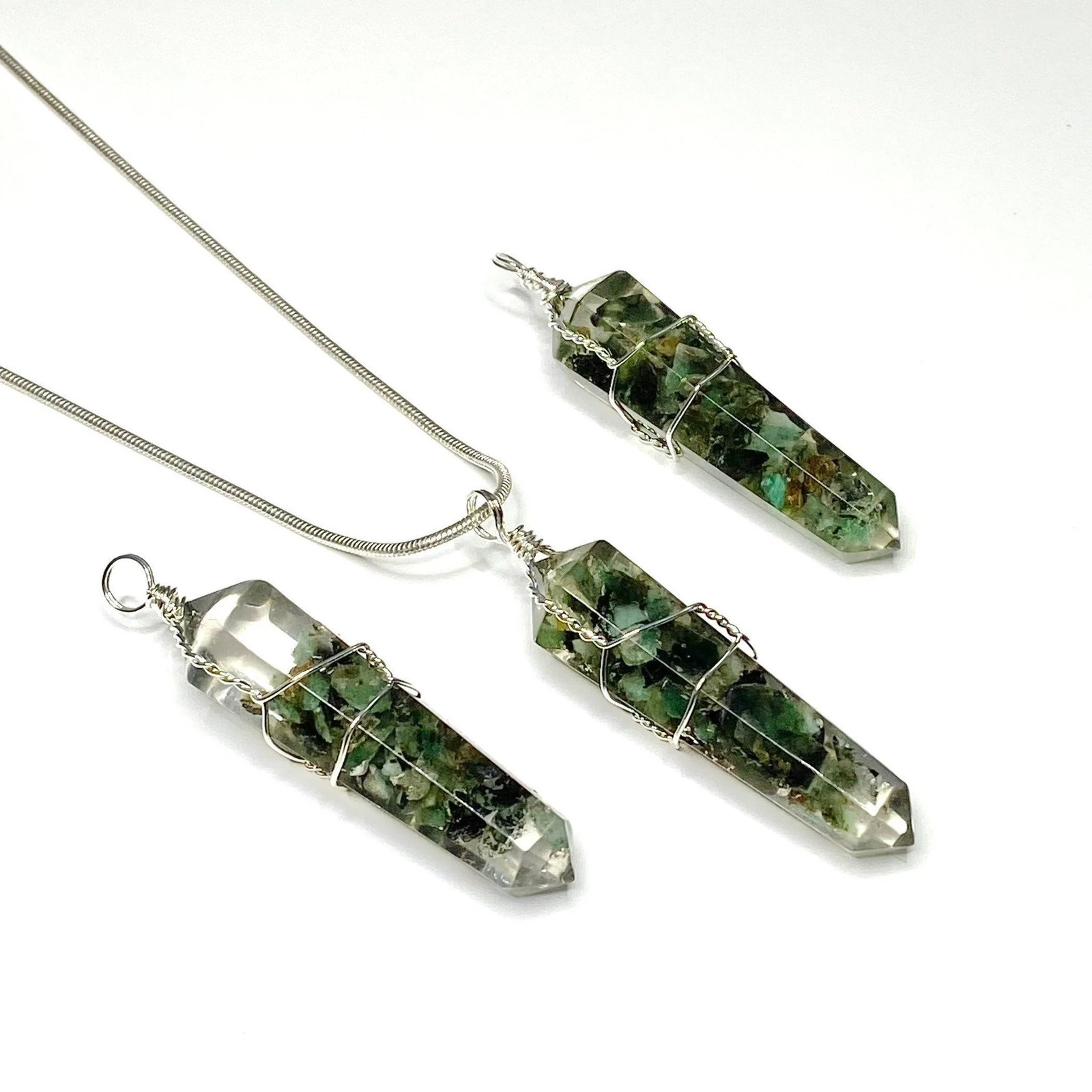 Emerald in Orgonite Wire Wrapped Pendant Necklace