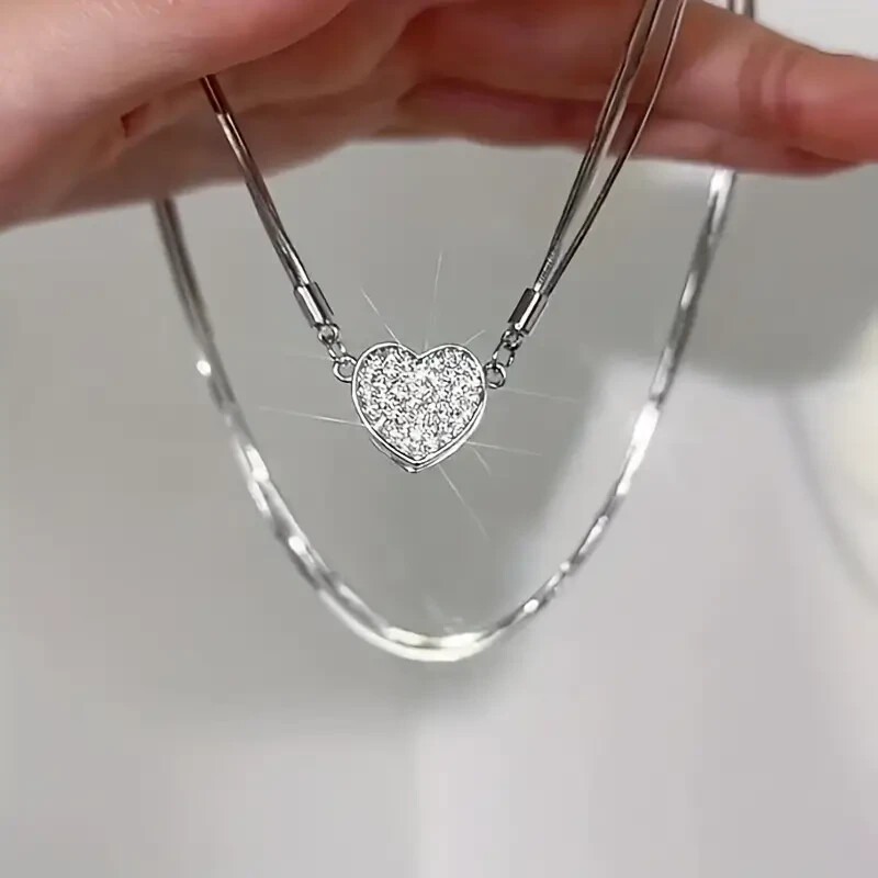 Magnetic 3 Layer Love Heart Shape Rhinestone Silvery Necklace Women Fashion Gift