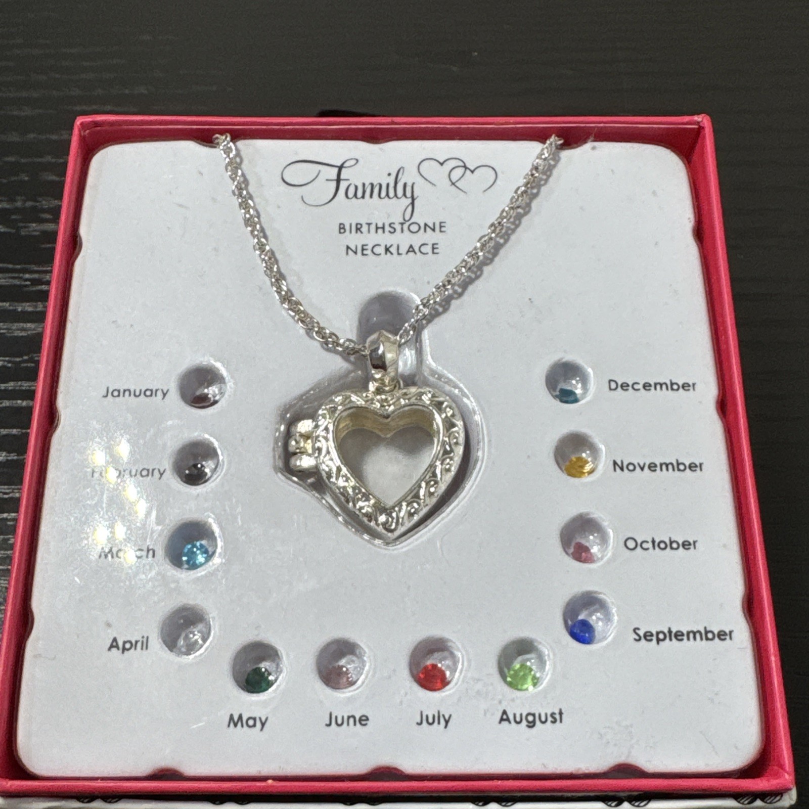 Silver Tone Family Birthstone Chain Necklace w Heart Locket Pendant NIB