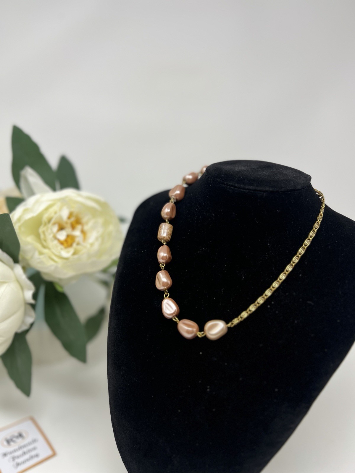 Gold Tone Asymmetrical Chain Necklace With Faux Pink Pearl Beads Statement