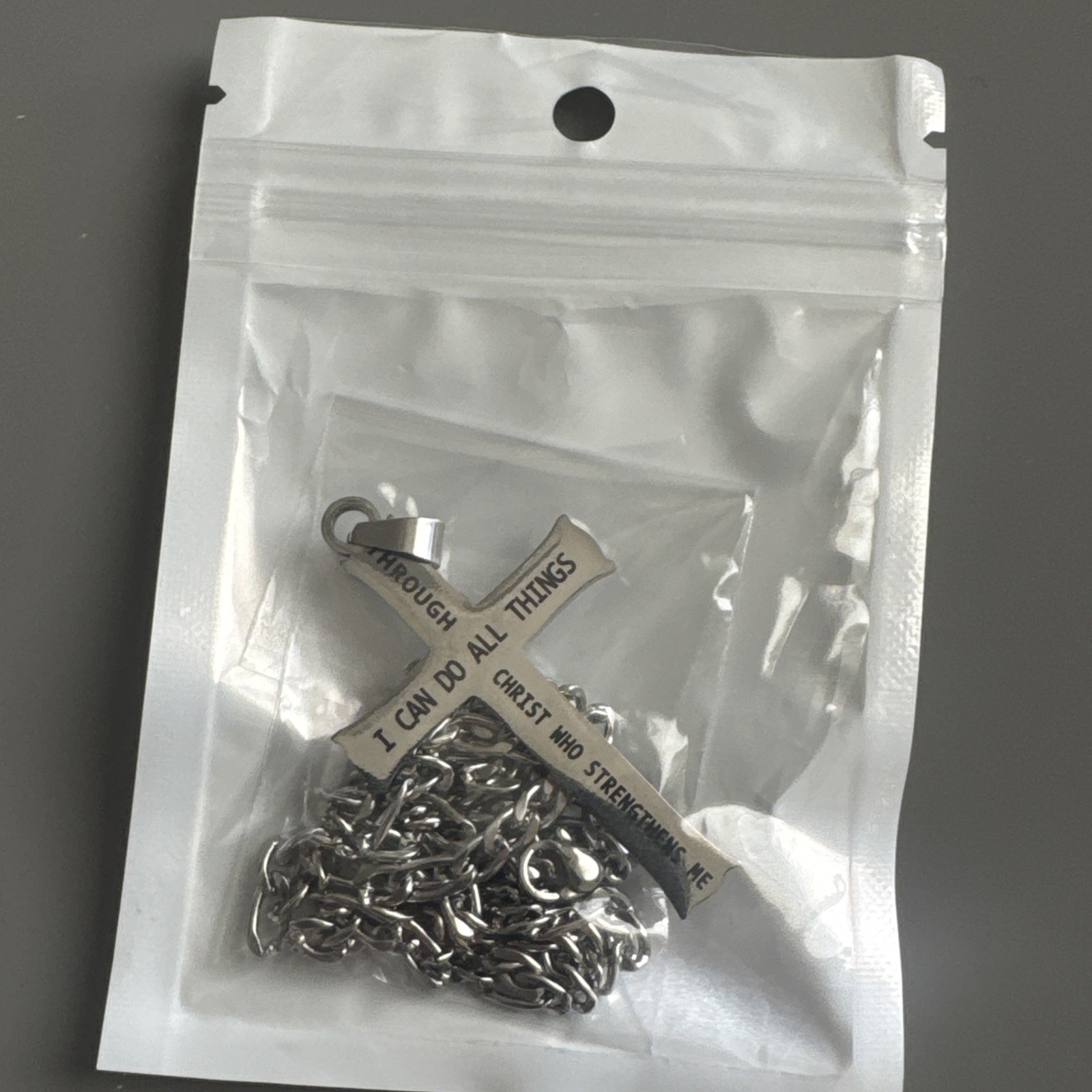 Cross Pendant Scripture Stainless Steel Silver Tone 24 Inch Cuban Link Chain
