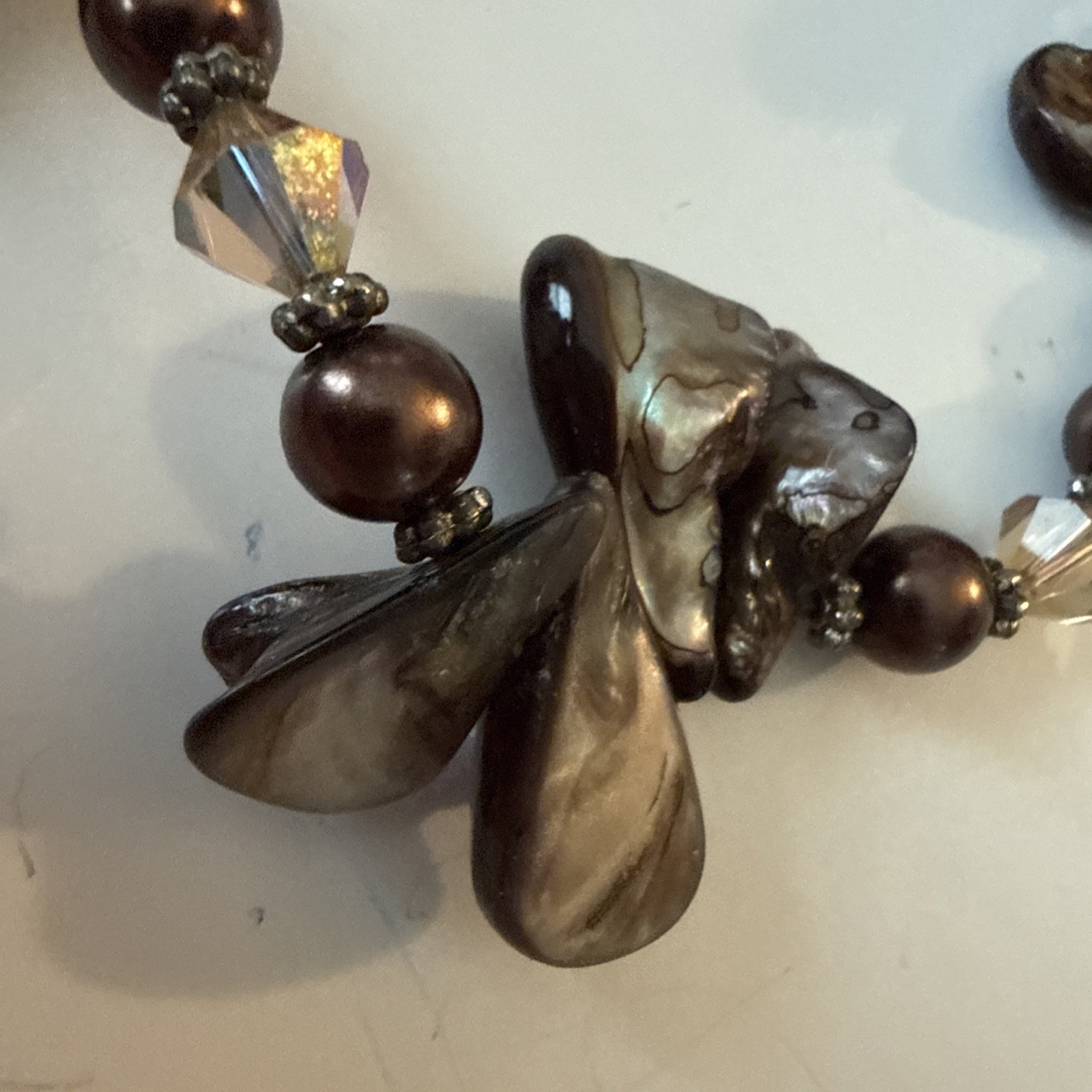BROWN BRONZED ABALONE SHELL Necklace Beaded Silver Tone Spacers Toggle Clasp