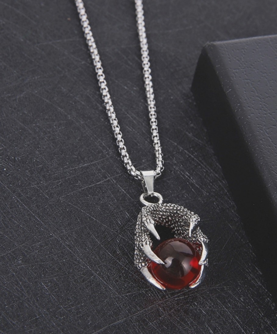 Punk Men’s Retro 3D Dragon Claw Red Crystal Ball Classic Box Chain Necklace