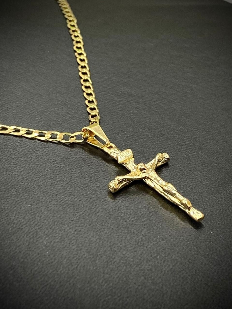 14K Yellow Gold Filled Cross Necklace Charm 33×18 Curb Chain Unisex Fashion 24″