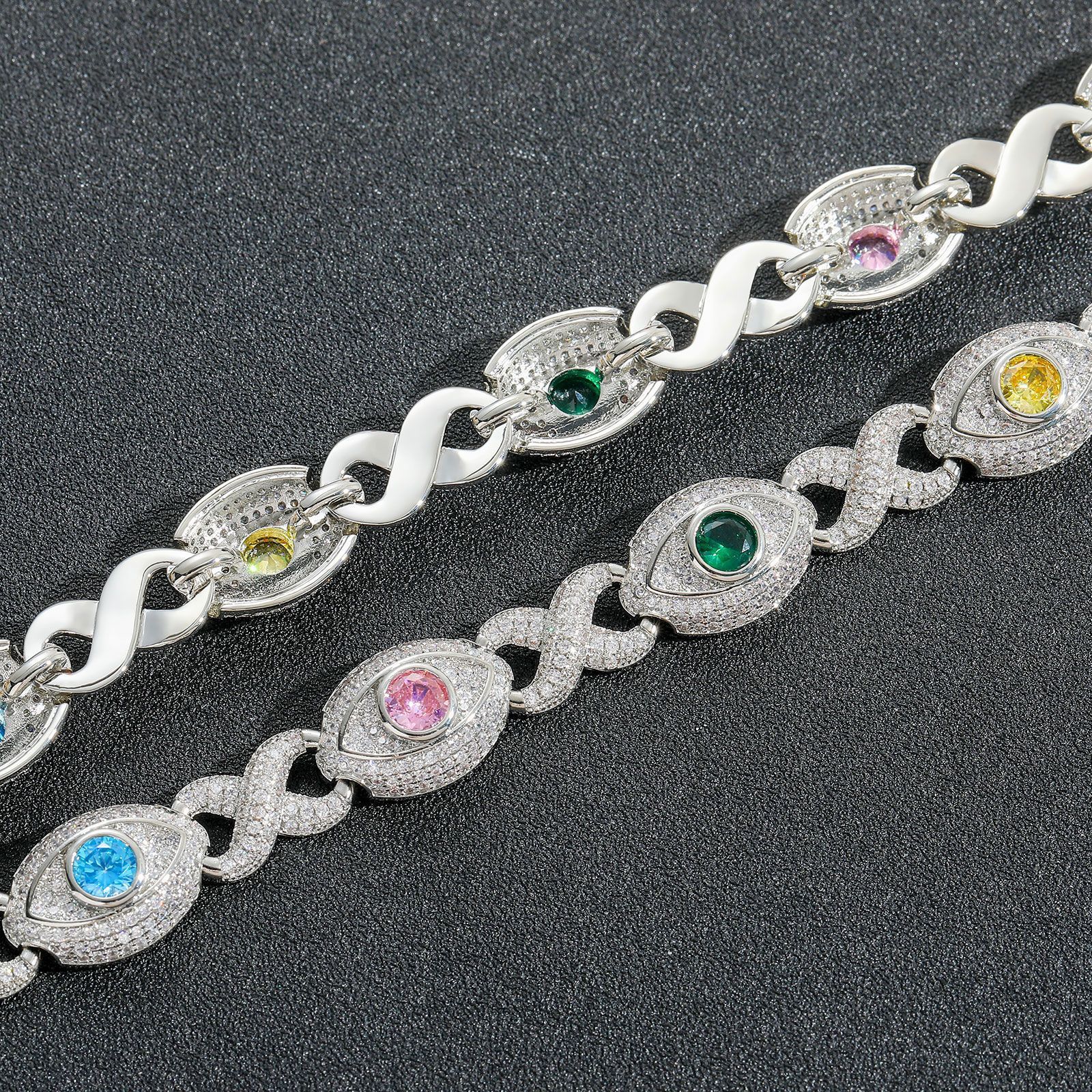 Hip Hop Colorful Eye Cuban Chain Necklace Bracelets 5A Zircon Mens Jewelry