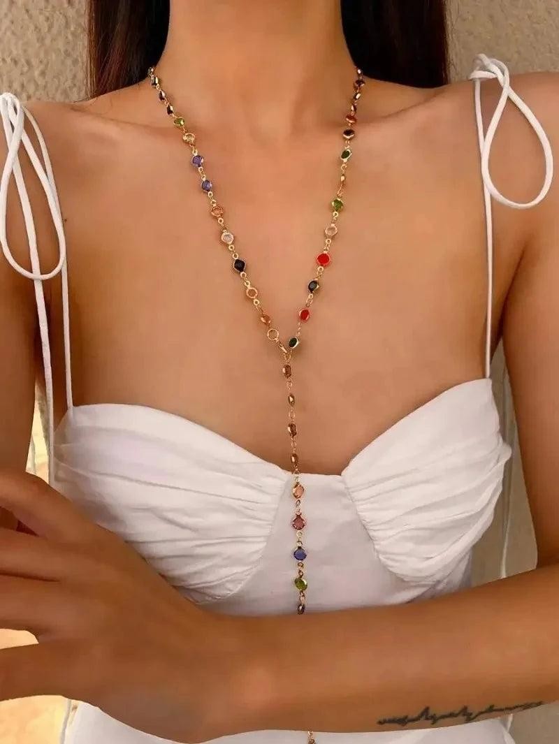 Colorful Crystal Y-Shaped Zinc Alloy Necklace Gold Silver Collarbone Chain