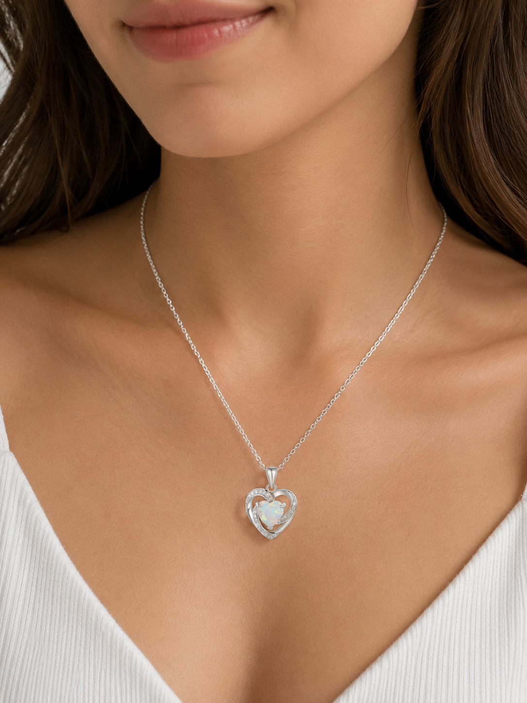 925 Sterling Silver Plated Faux Opal Heart Pendant Necklace 18″ Gift Jewelry