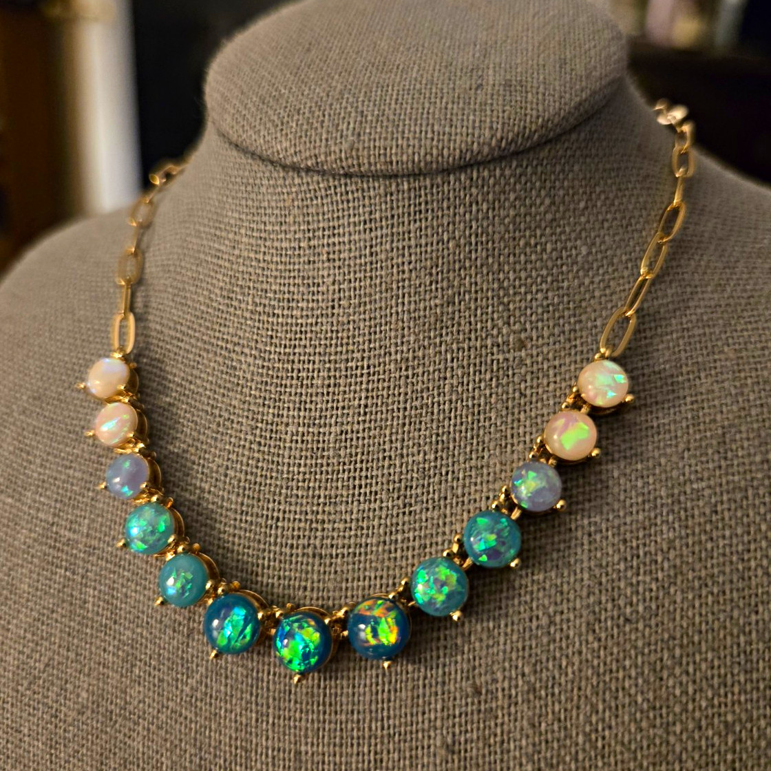 Gold Tone Cable Chain Necklace Blue & White Round Crystal Prong, Adjustable