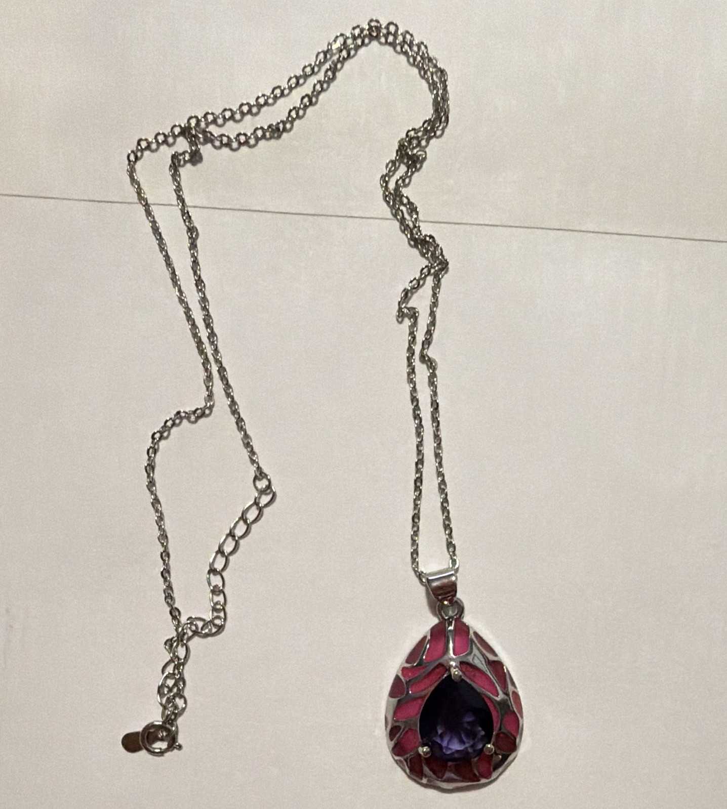 Silver Tone Teardrop Pendant Necklace Purple Pink Crystal Rhinestone Cable