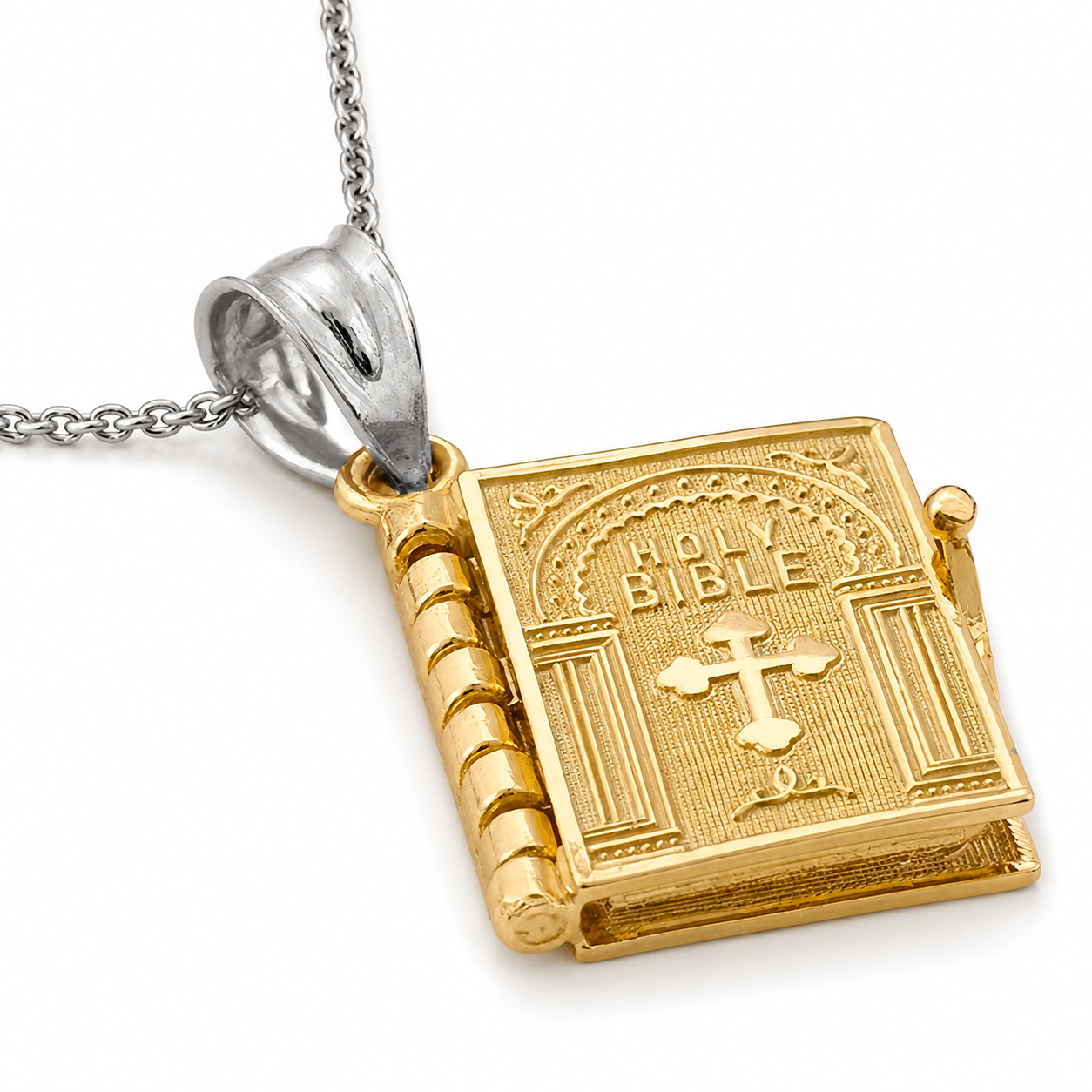 Men Women Vintage Gold Jewelry Bible Book Cross Pendant Daily Wear Necklace