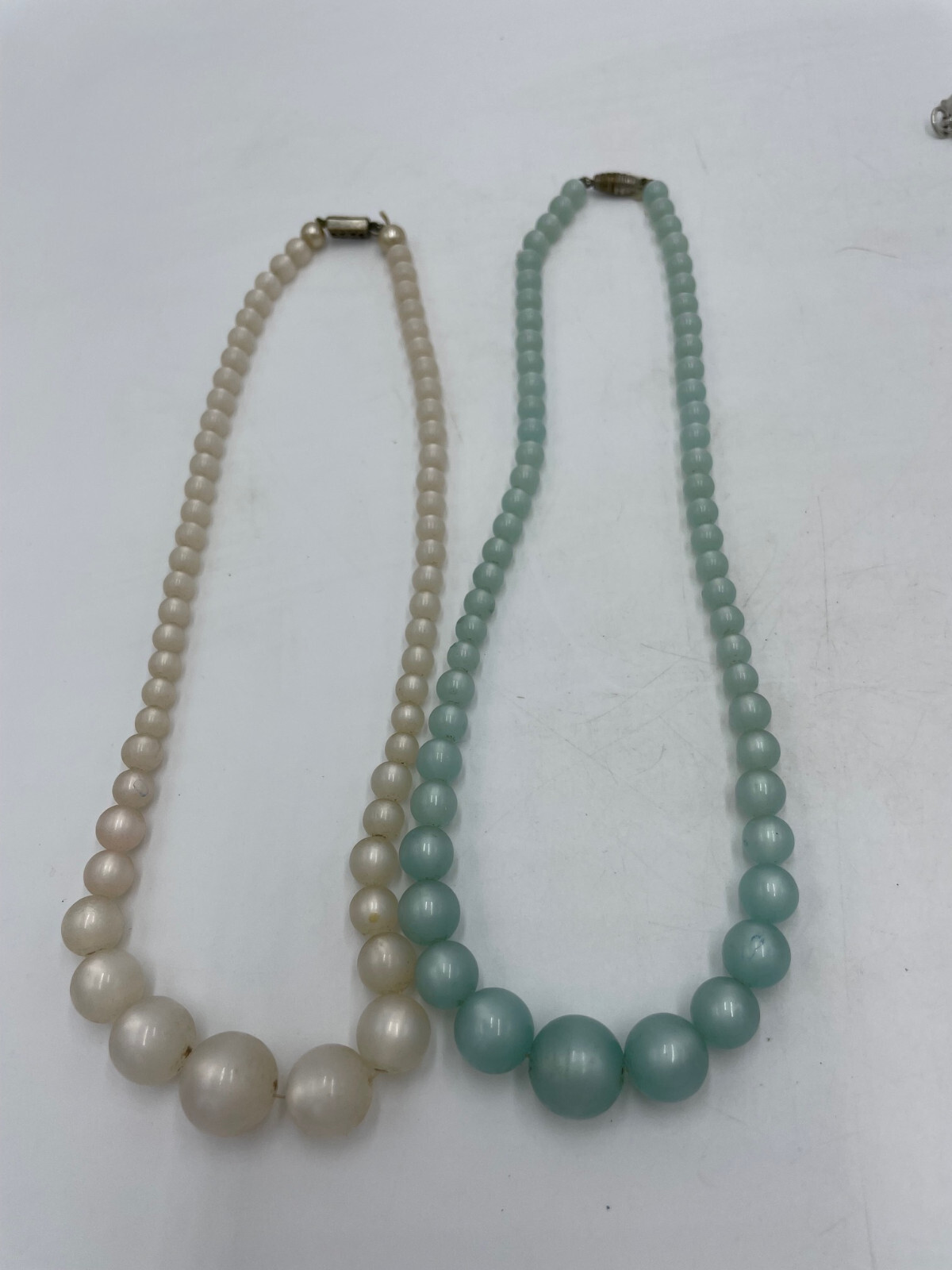 Vintage Lot of 5 Necklaces Silver Tone Blue and White Glass Plastic Metal Retro