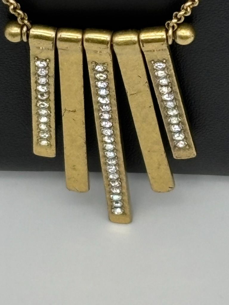 J. Crew Long Brass Gold-Tone Necklace Dangling Vertical Bar Charms W Rhinestones