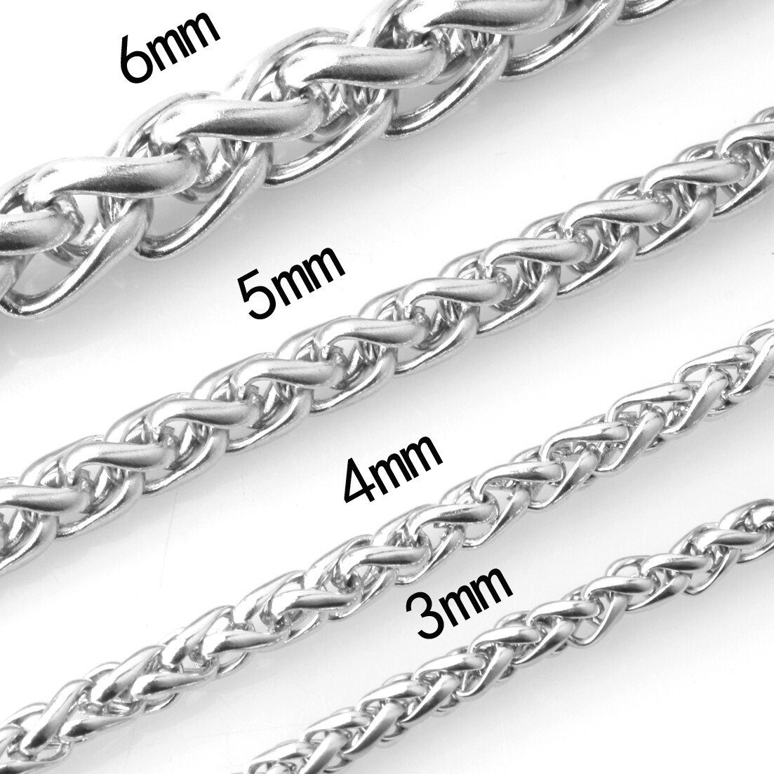 3/4/5/6/7MM Silver Women Men Chain Stainless Steel Wheat Braided Link Necklace