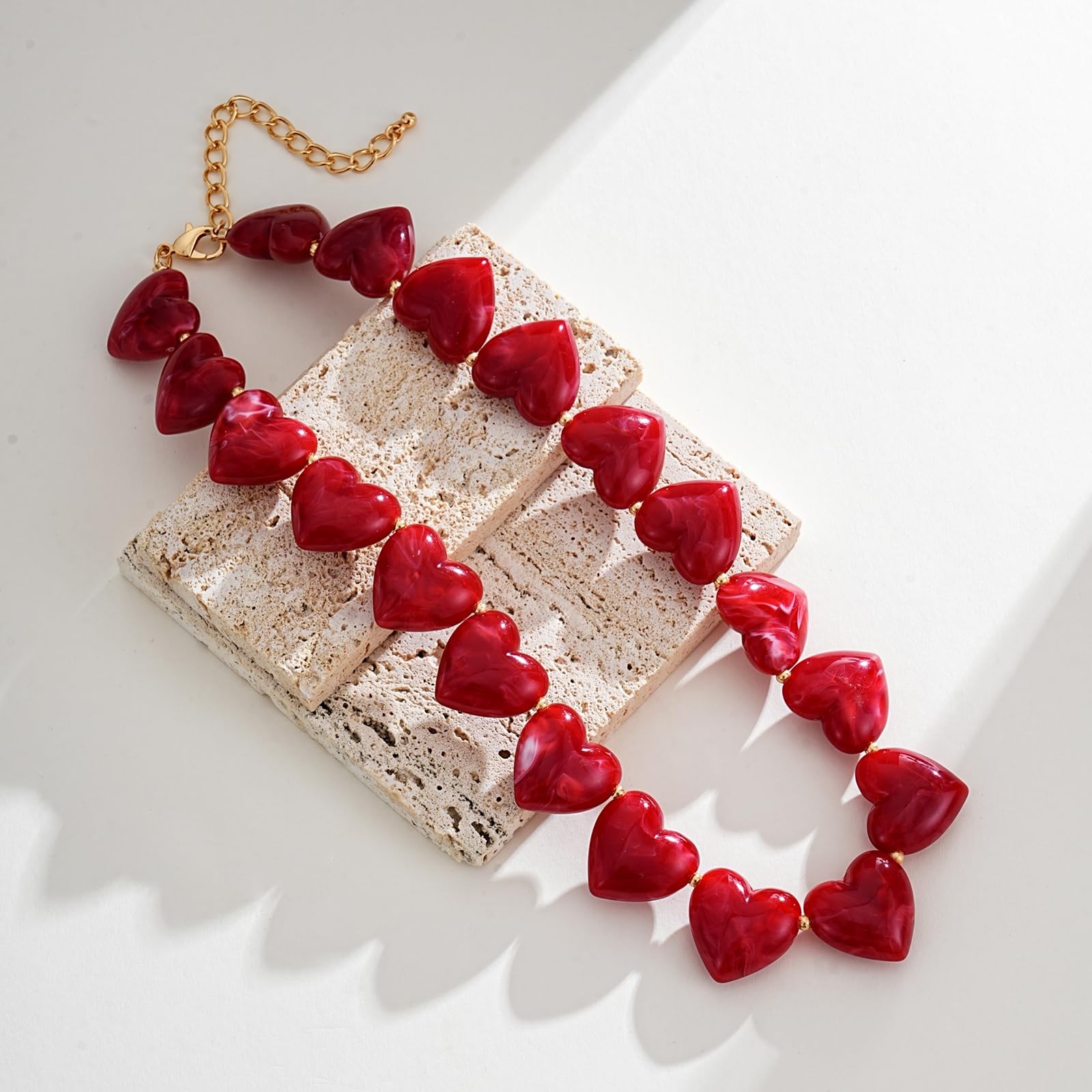 Red Resin Necklace Chunky Heart Beaded Choker Y2K Boho Acrylic Adjustable Sta…
