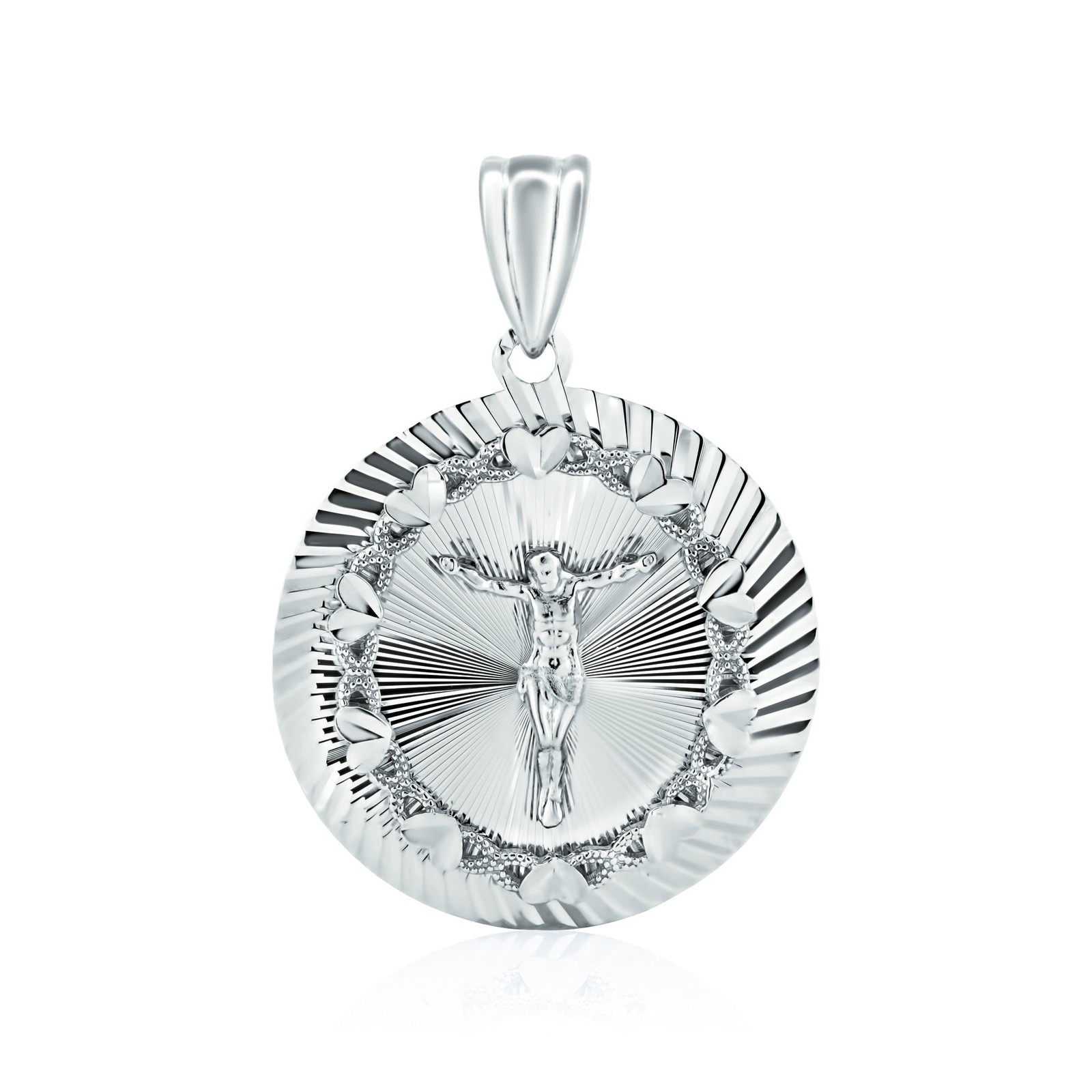 Rhodium Plated 925 Sterling Silver Diamond Cut Crucifix Round Pendant Medallion