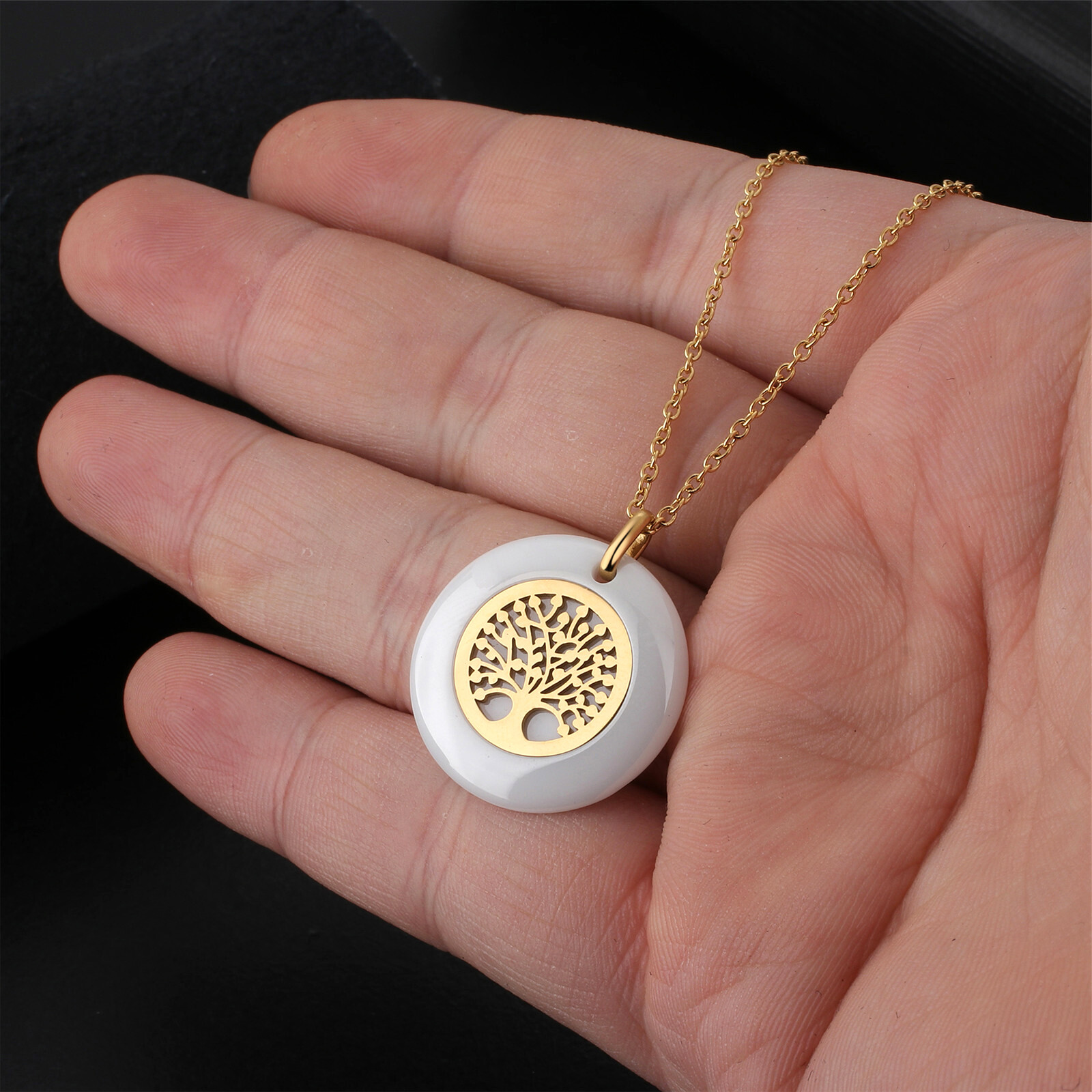 Womens Dainty Stainless Steel Ceramic Round Family Tree of Life Pendant Necklace