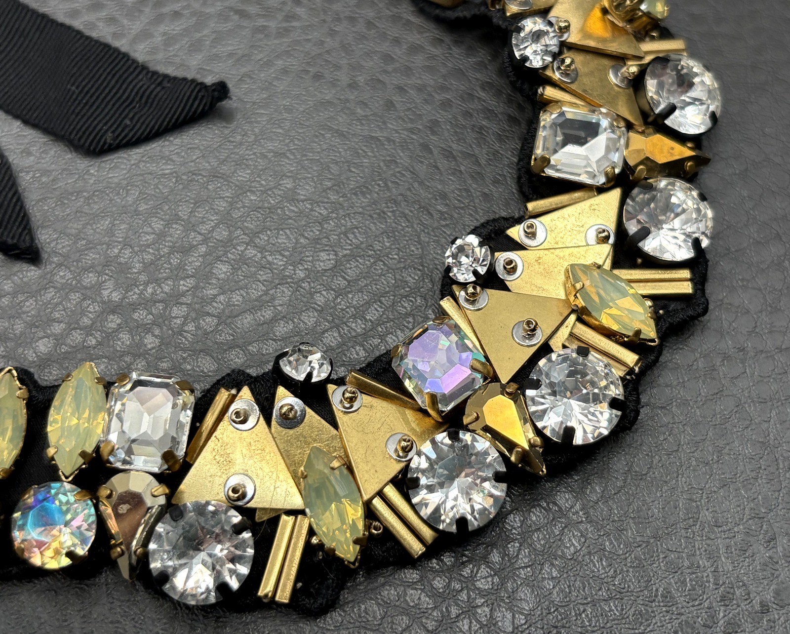 J Crew Crystal Rhinestone Statement Bib Necklace Black Fabric Ribbon Gold Tone