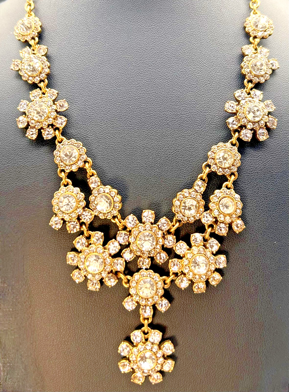 J Crew Crystal Flower Statement Necklace Gold Tone Rhinestone Floral Bib Signed