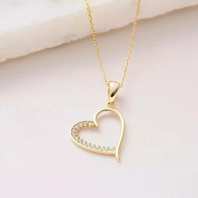 925 Silver Valentine Gift Pendant Chain Simulated Diamond 14K Yellow Gold Plated