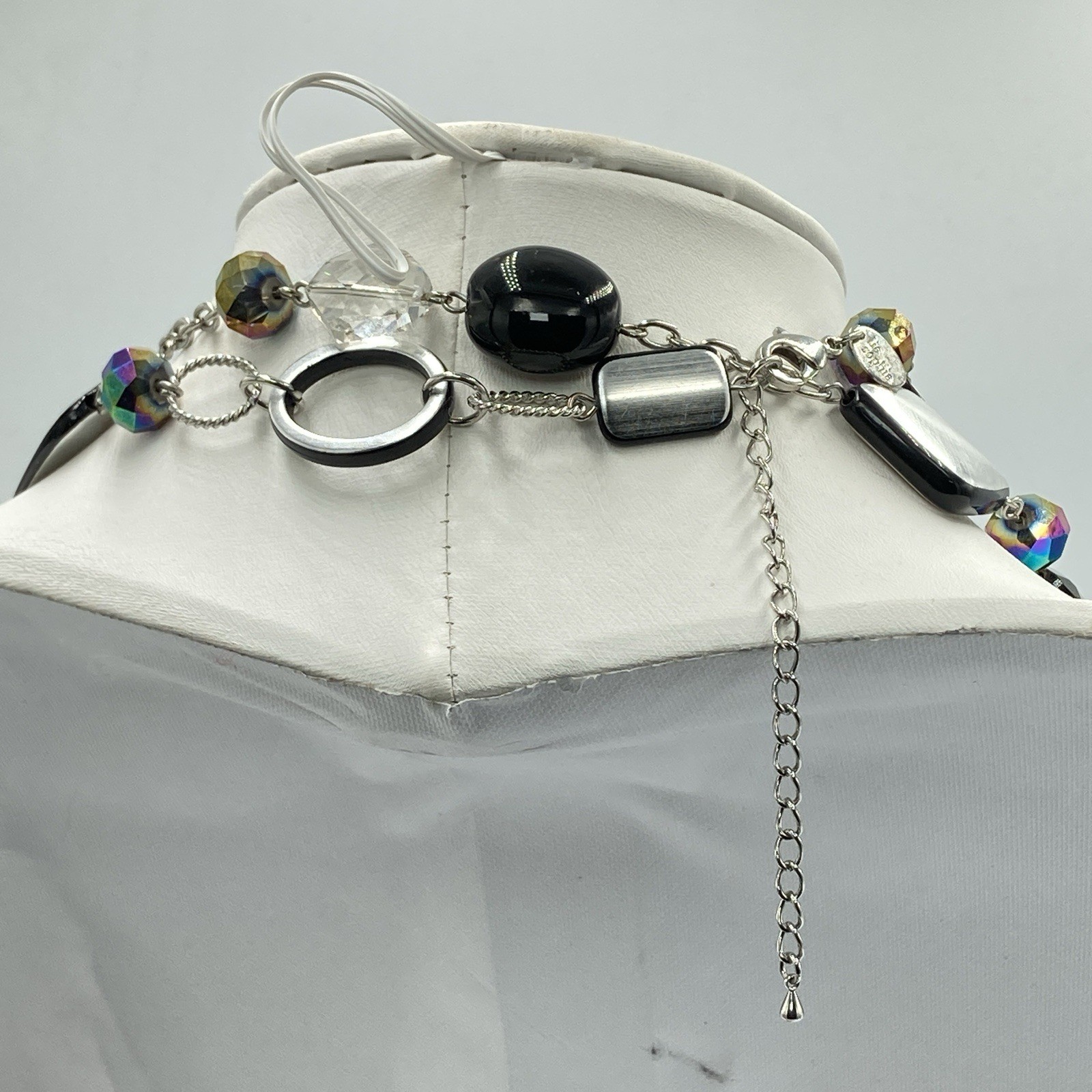 Lia Sophia 50″ Long Silver Tone Statement Necklace Black Beads Signed Jewelry