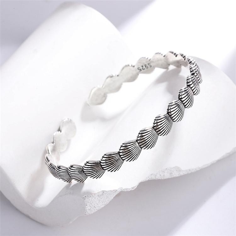 925 Sterling Silver Shell Open Bangle Retro Thai Silver Creative Cuff Bracelet